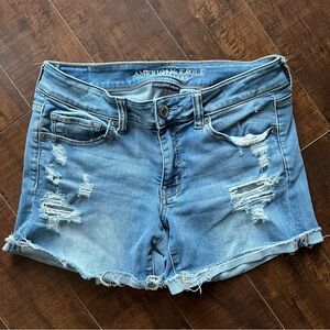 American Eagle AEO Denim Cafe Distressed Midi Shorts 8